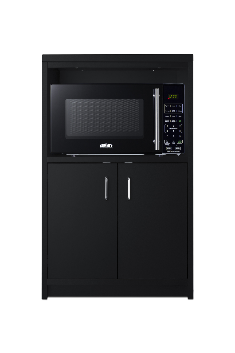 Fully assembled casework cabinet with French door swing in ADA compliant height and black finish designed to accept compact microwaves